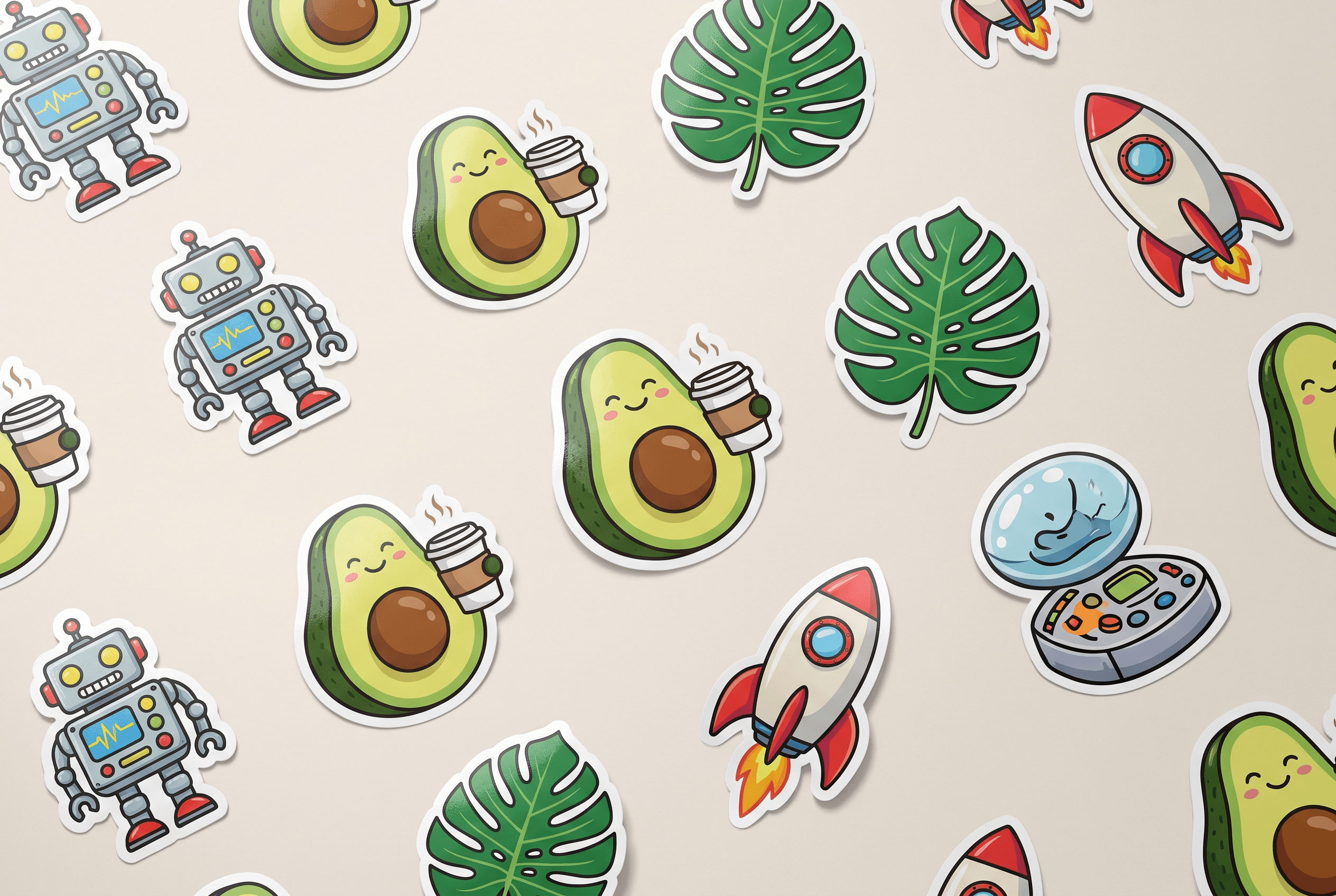 Custom die-cut vinyl stickers cut to shape in assorted designs