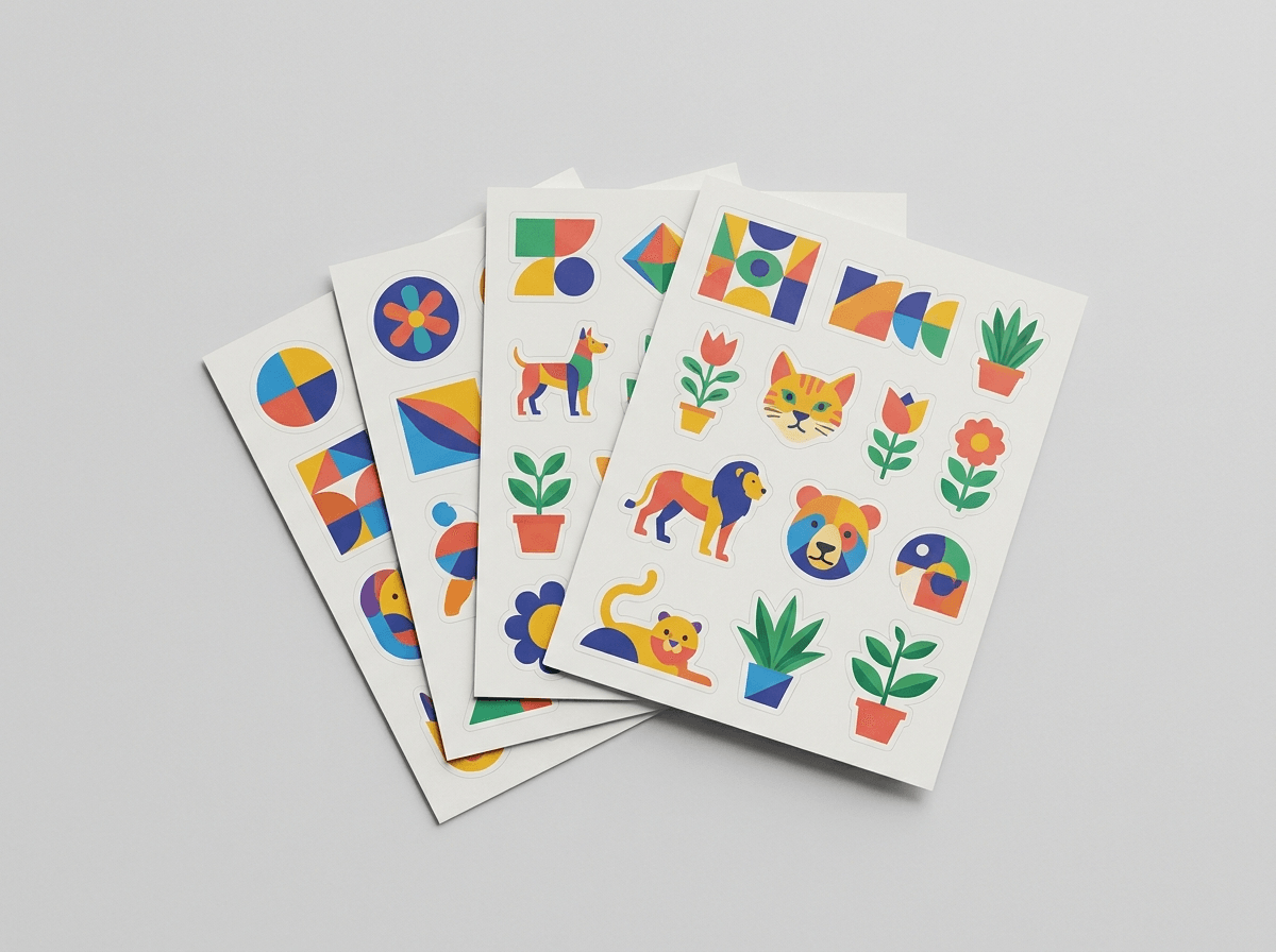 Sheets of assorted custom printed stickers in many shapes