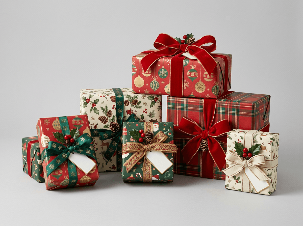 Festive Christmas gift boxes with holiday print and ribbon