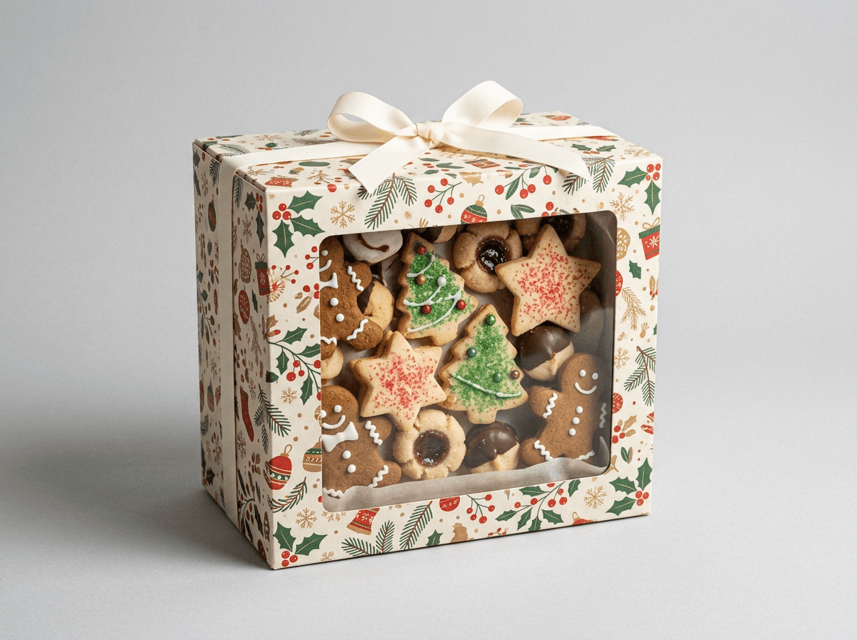 A festive Christmas cookie box with a window and cookies