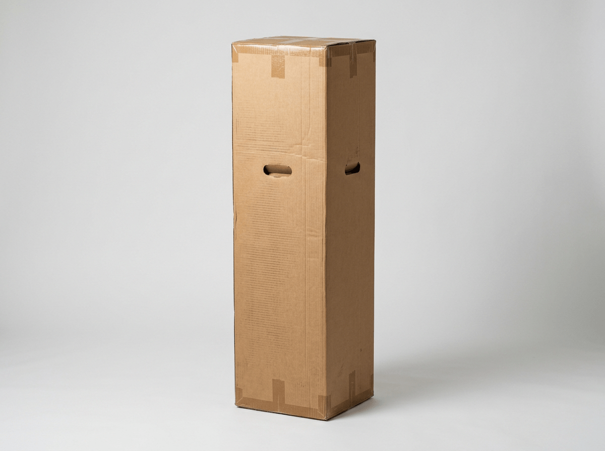 A tall corrugated storage box for an artificial Christmas tree