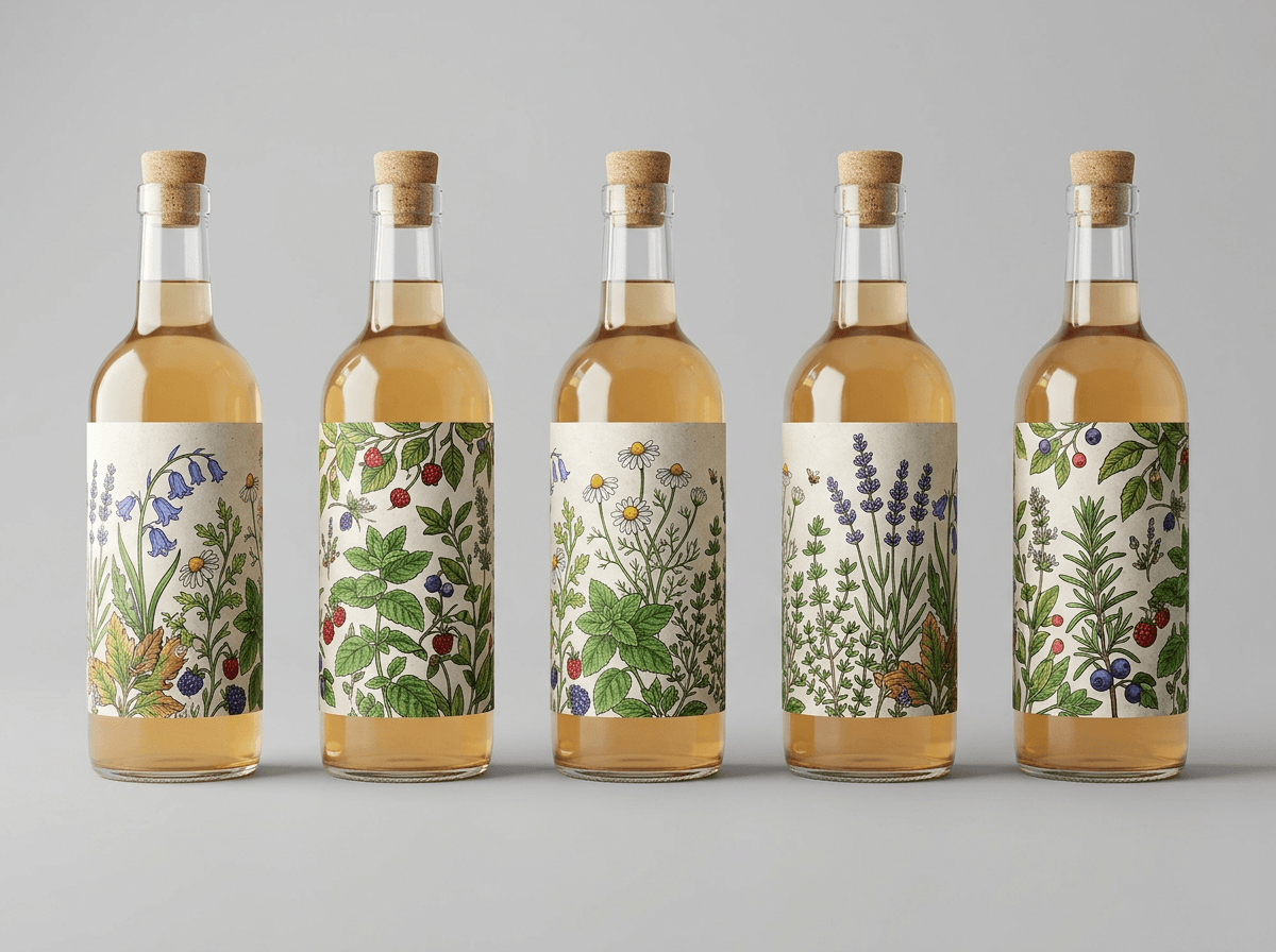 Printed wrap-around labels on glass bottles