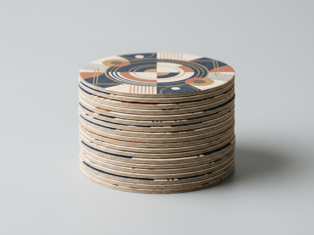 A stack of round printed paper coasters