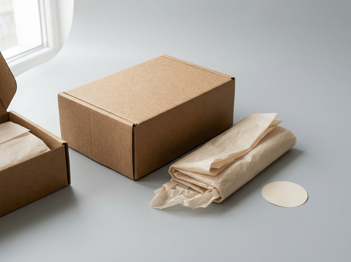 A branded e-commerce mailer kit with box, tissue and sticker