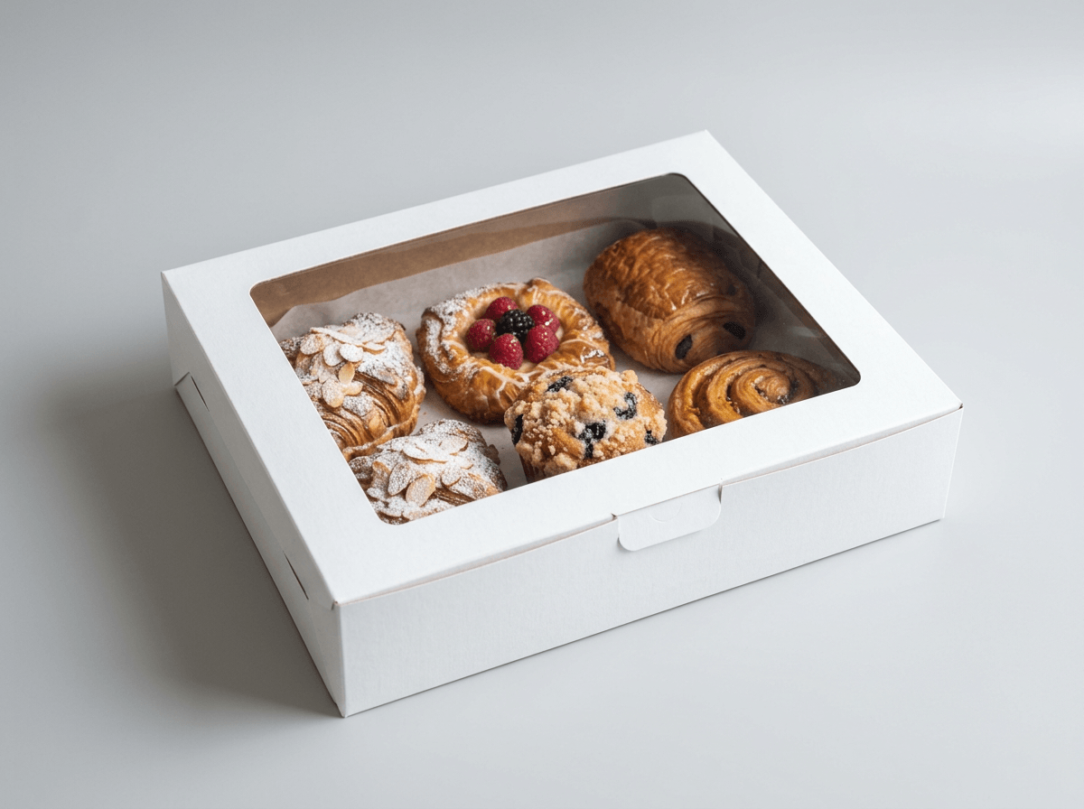 A white bakery box with a window and pastries