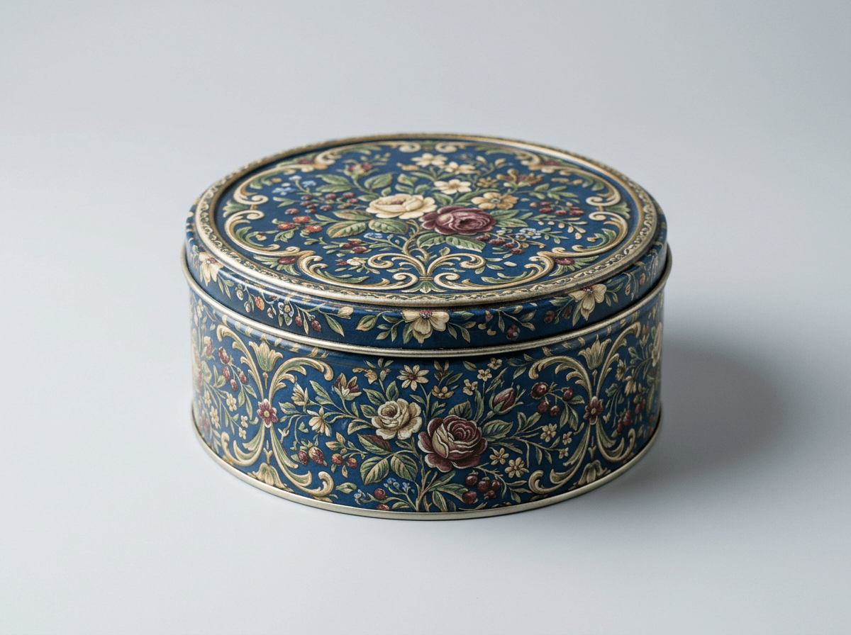 A round decorative cookie tin with a lid