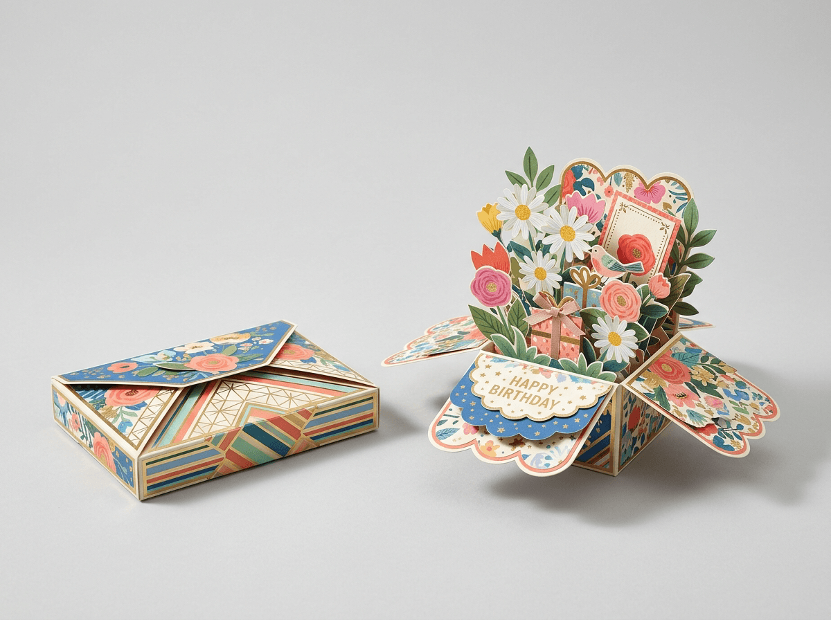 A pop-up gift box that springs open, folded flat and open
