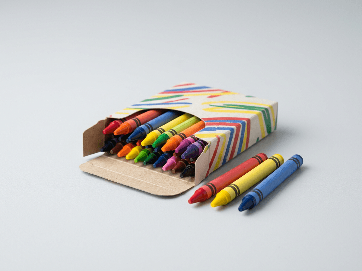 A small printed crayon box with crayons