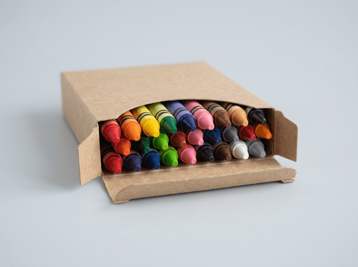 A cardboard crayon box holding crayons