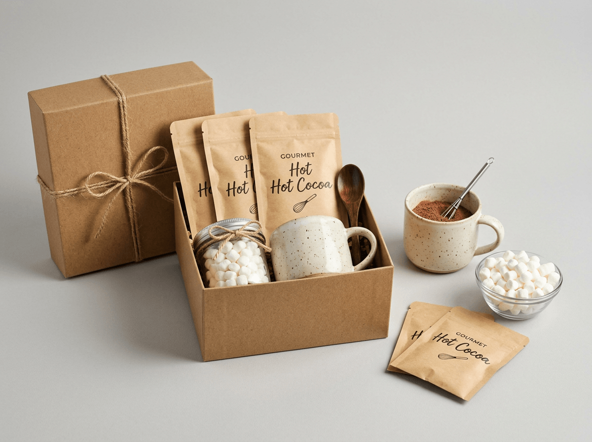 A hot chocolate gift box with cocoa sachets and marshmallows