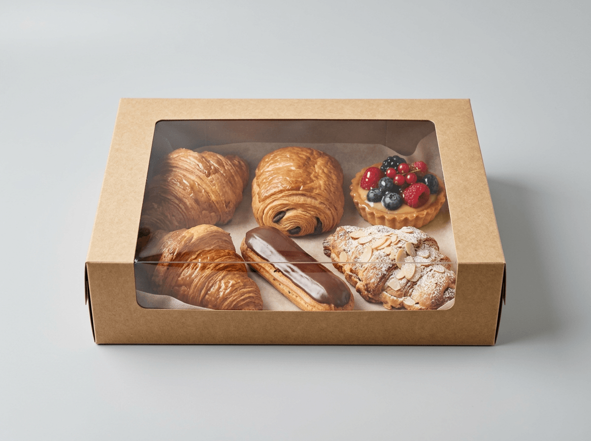 A bakery box with a large clear window showing pastries
