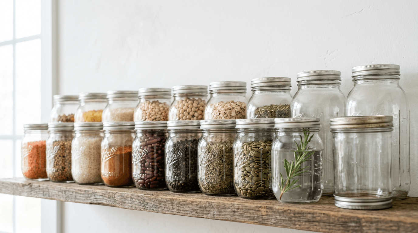 Glass mason jars in many sizes lined up on a shelf