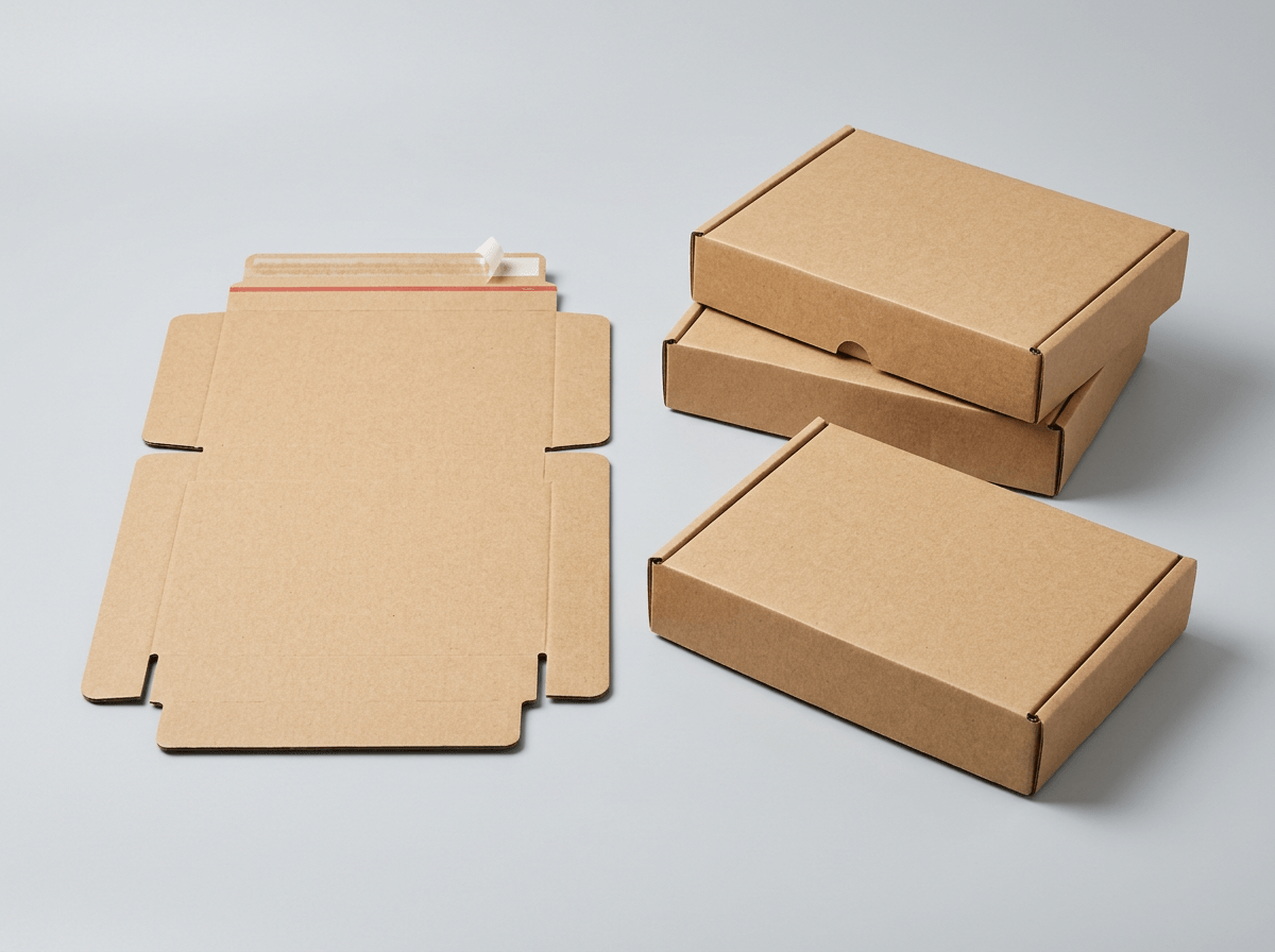Self-seal cardboard book mailer boxes flat and assembled