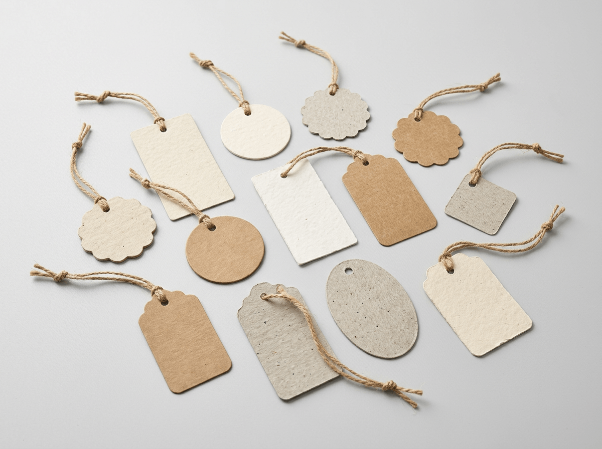 Printed cardstock hang tags with string in assorted shapes