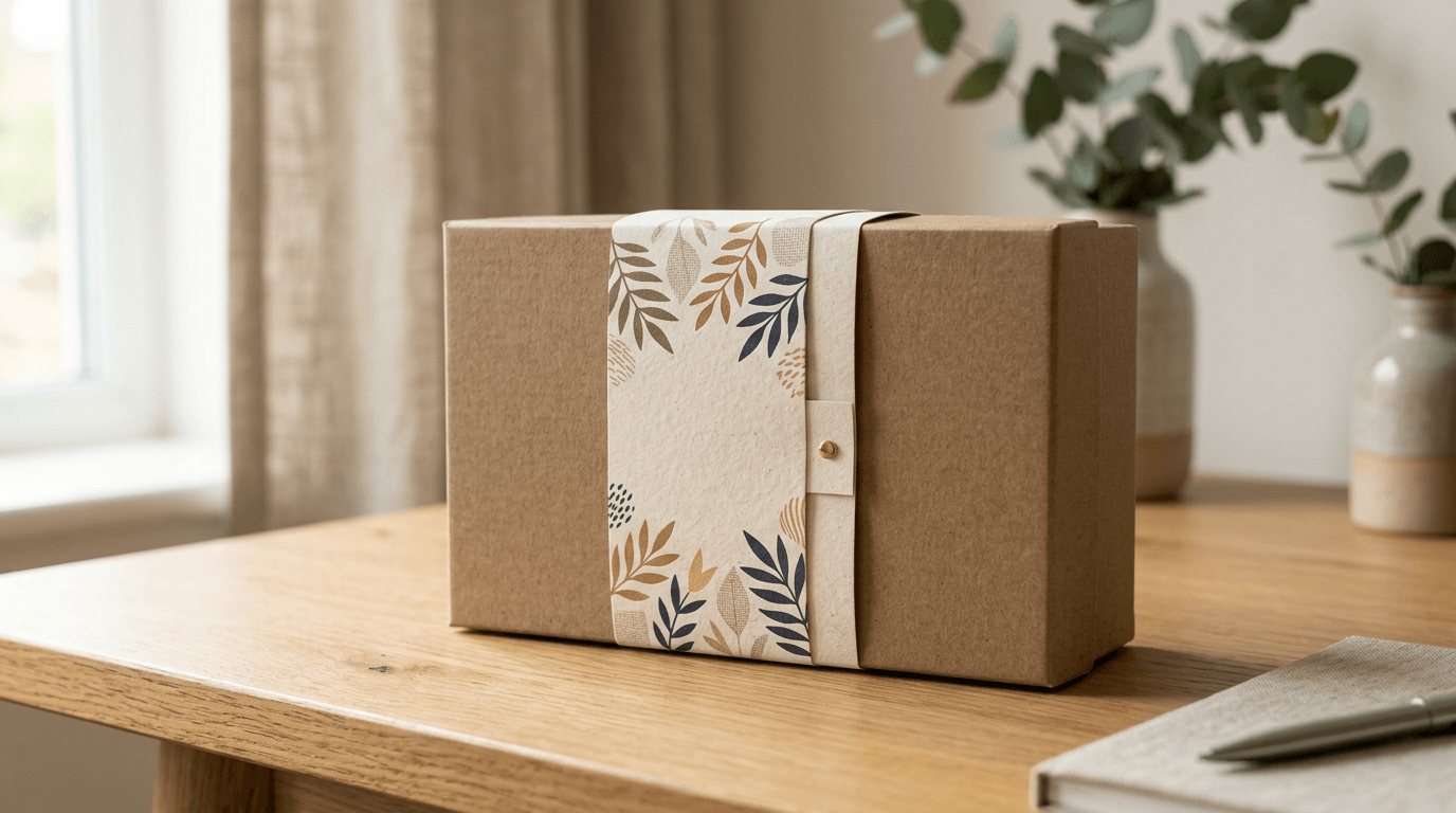 A printed paper belly band wrapped around a product box