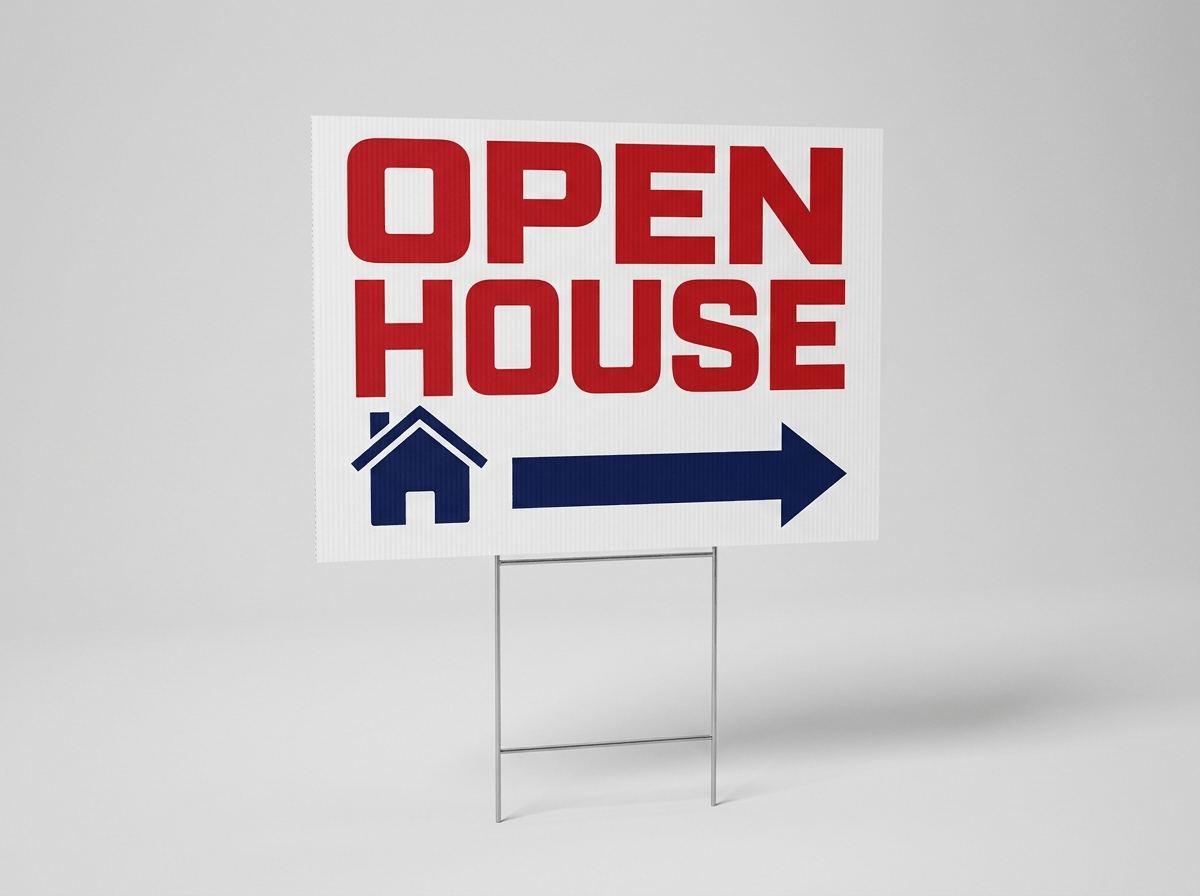 Corrugated plastic yard sign on a wire H-stake printed with an open house design