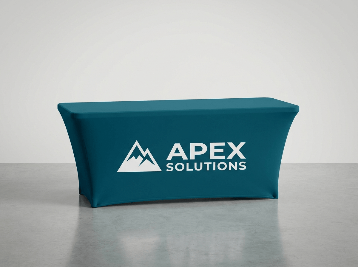 Trade show table dressed in a fitted teal table cover printed with a white logo