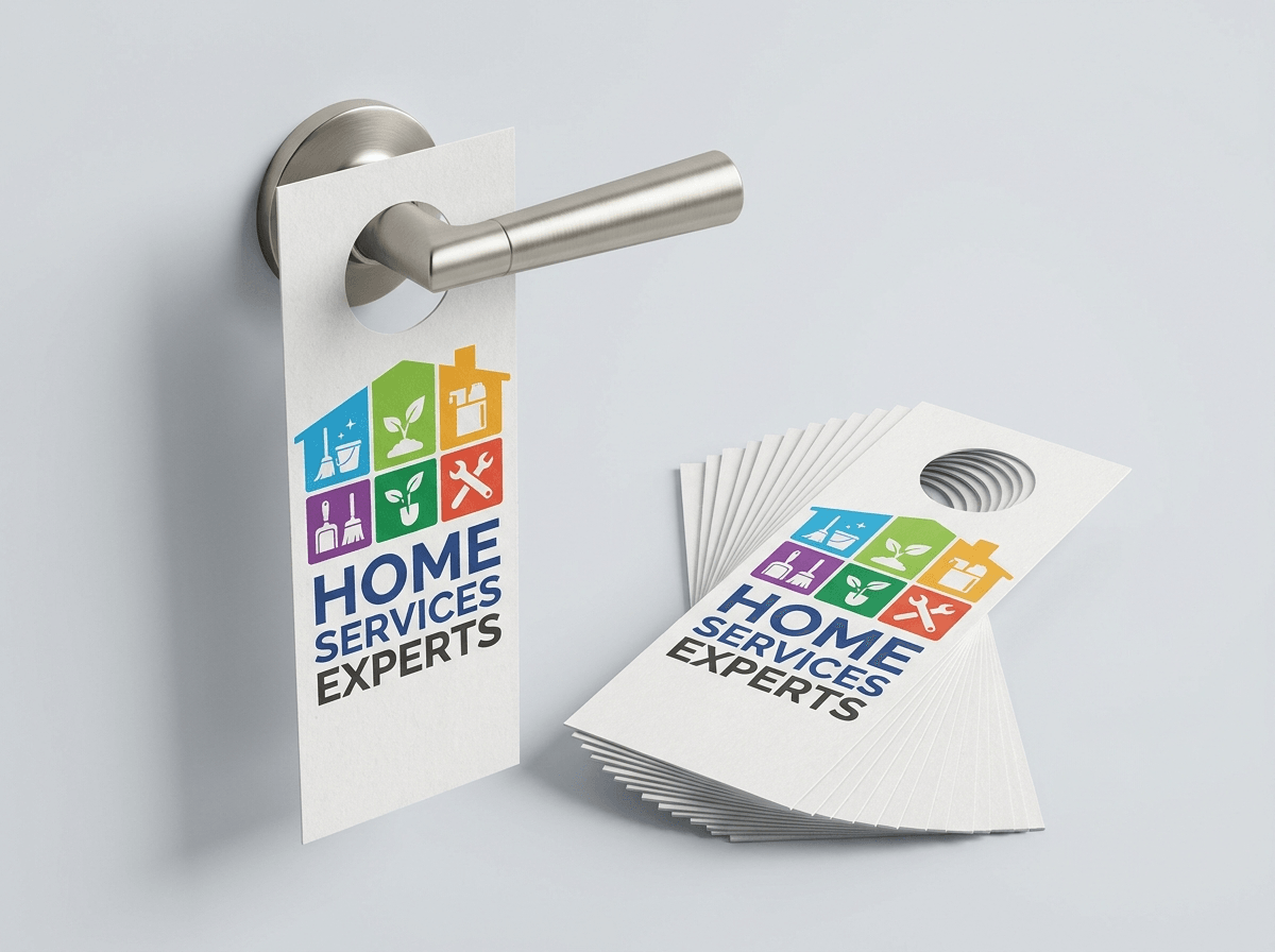 Printed door hangers with die-cut doorknob holes, one hanging on a door lever
