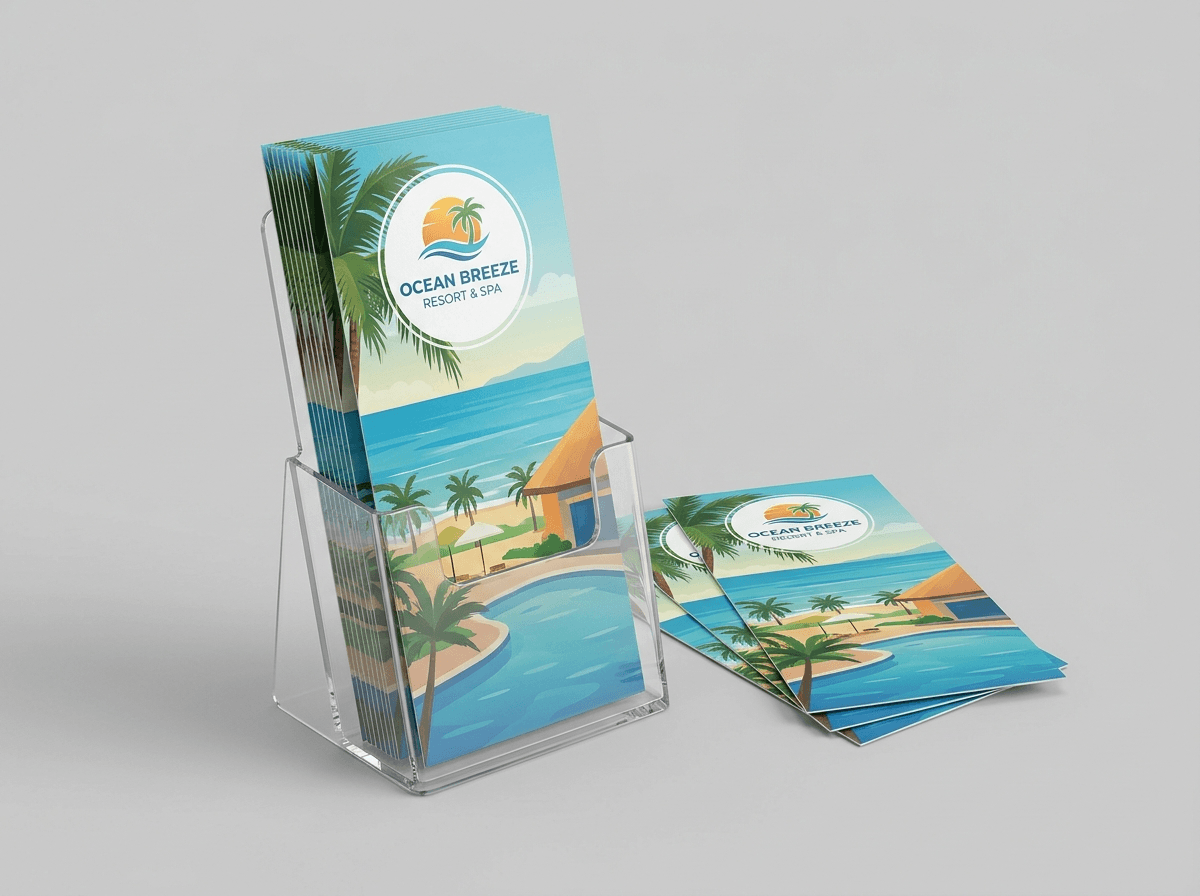 Glossy 4x9 rack cards standing in a clear acrylic brochure holder