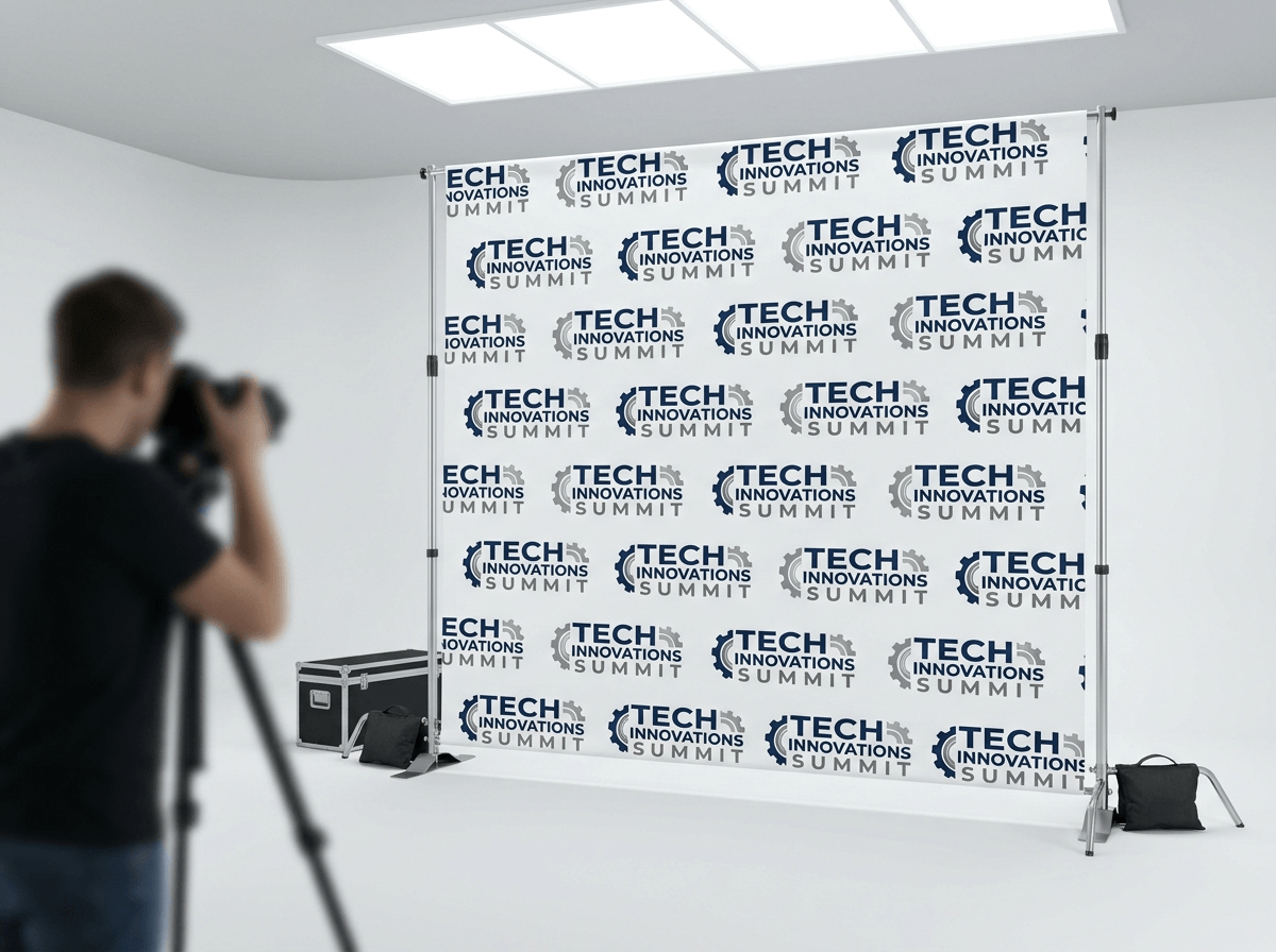 Step and repeat backdrop banner with repeating logos on an aluminum stand