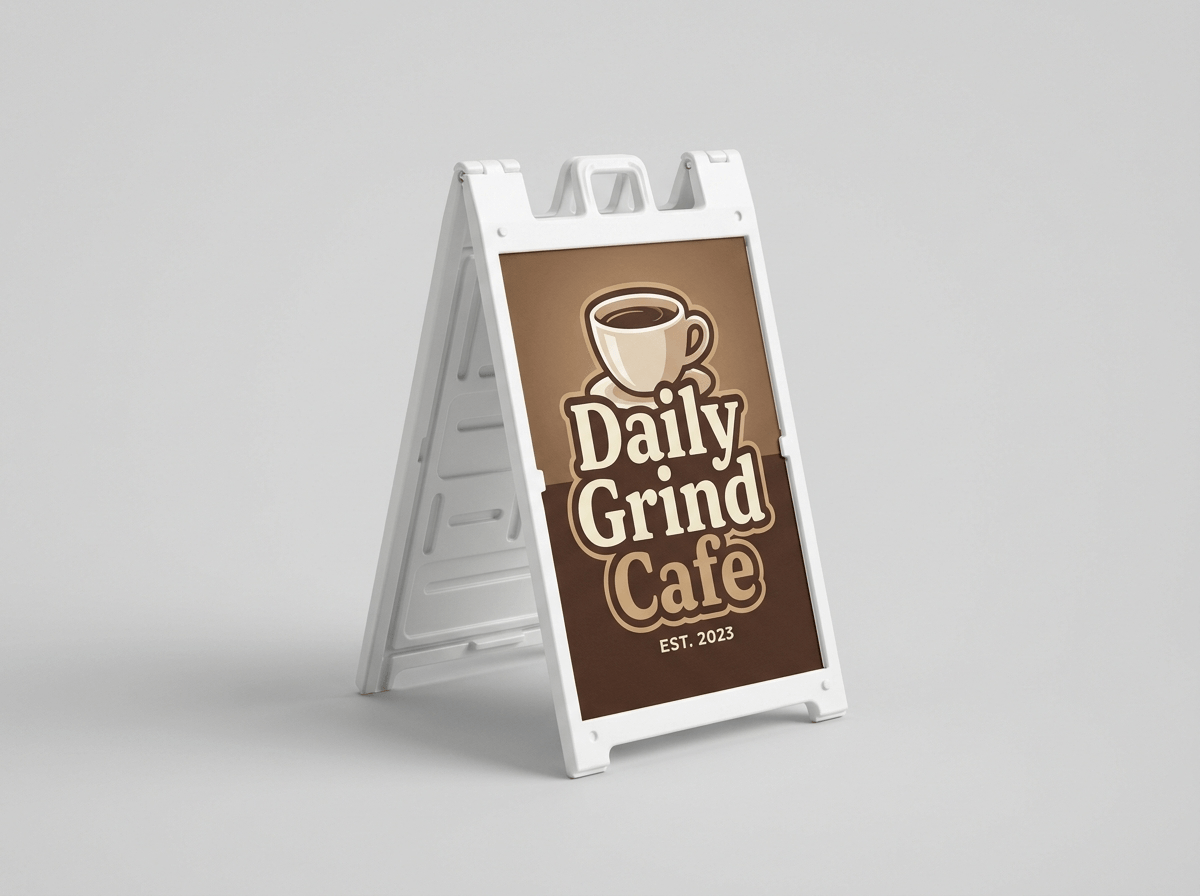 White plastic A-frame sidewalk sign holding a printed cafe poster insert