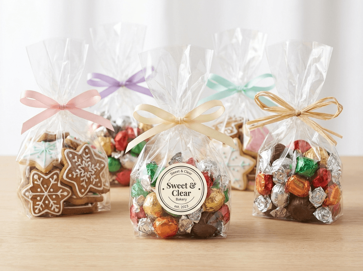 Clear cellophane bags of cookies and candy tied with ribbon and a logo sticker