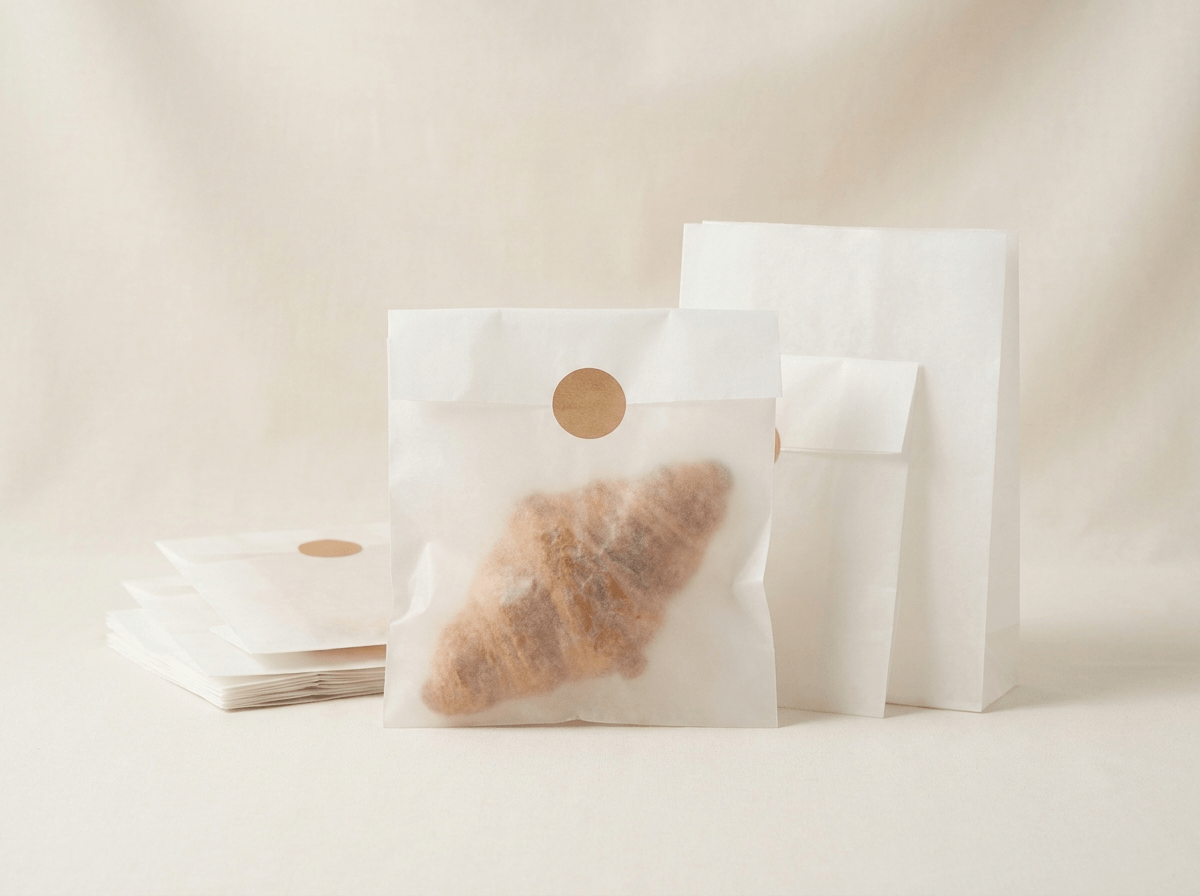 Translucent glassine paper bags with a folded flap and kraft sticker seal